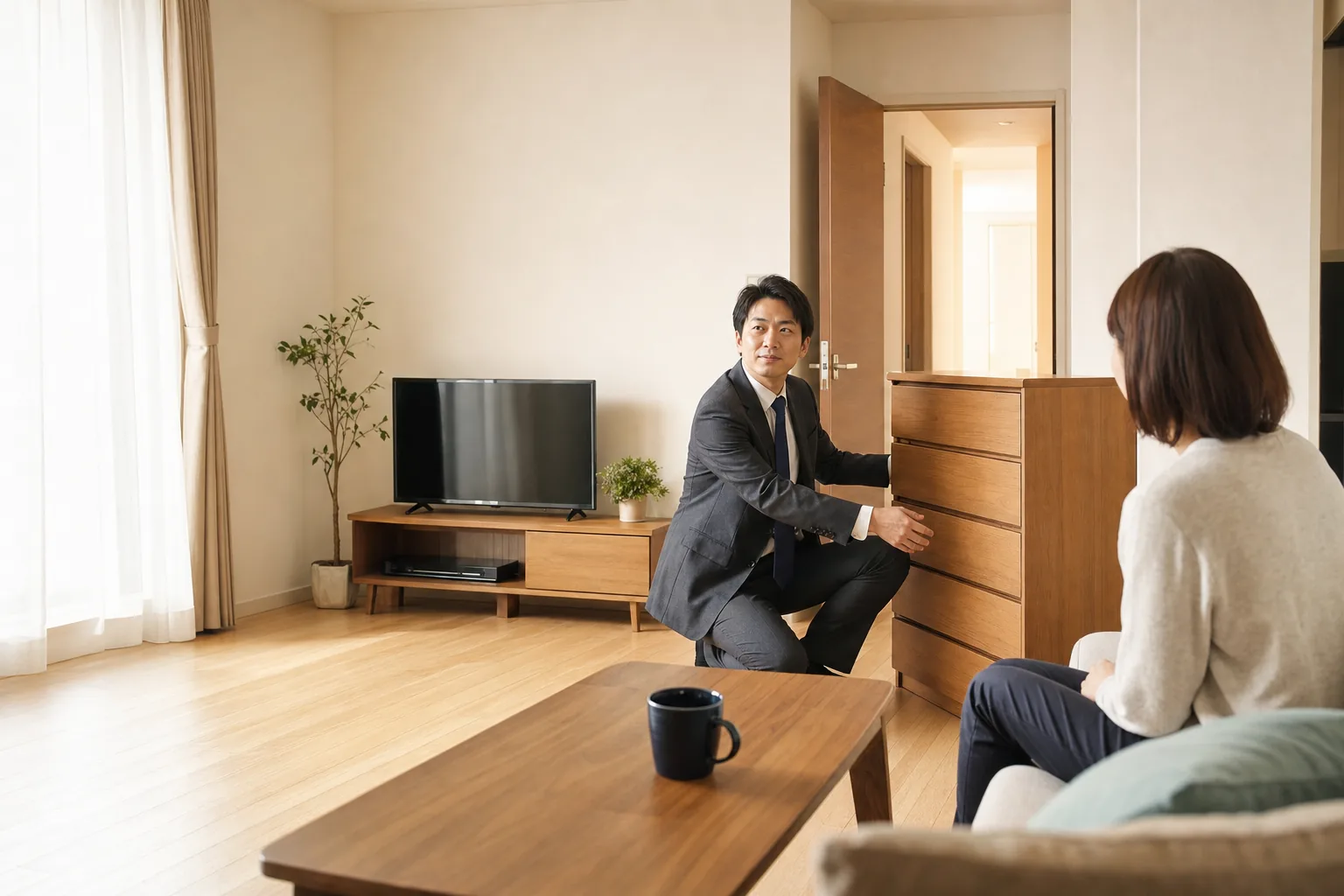 スーツ姿の査定士が、集合住宅の玄関から廊下にかけて置かれた家具の前で、お客様と搬出経路を確認している様子