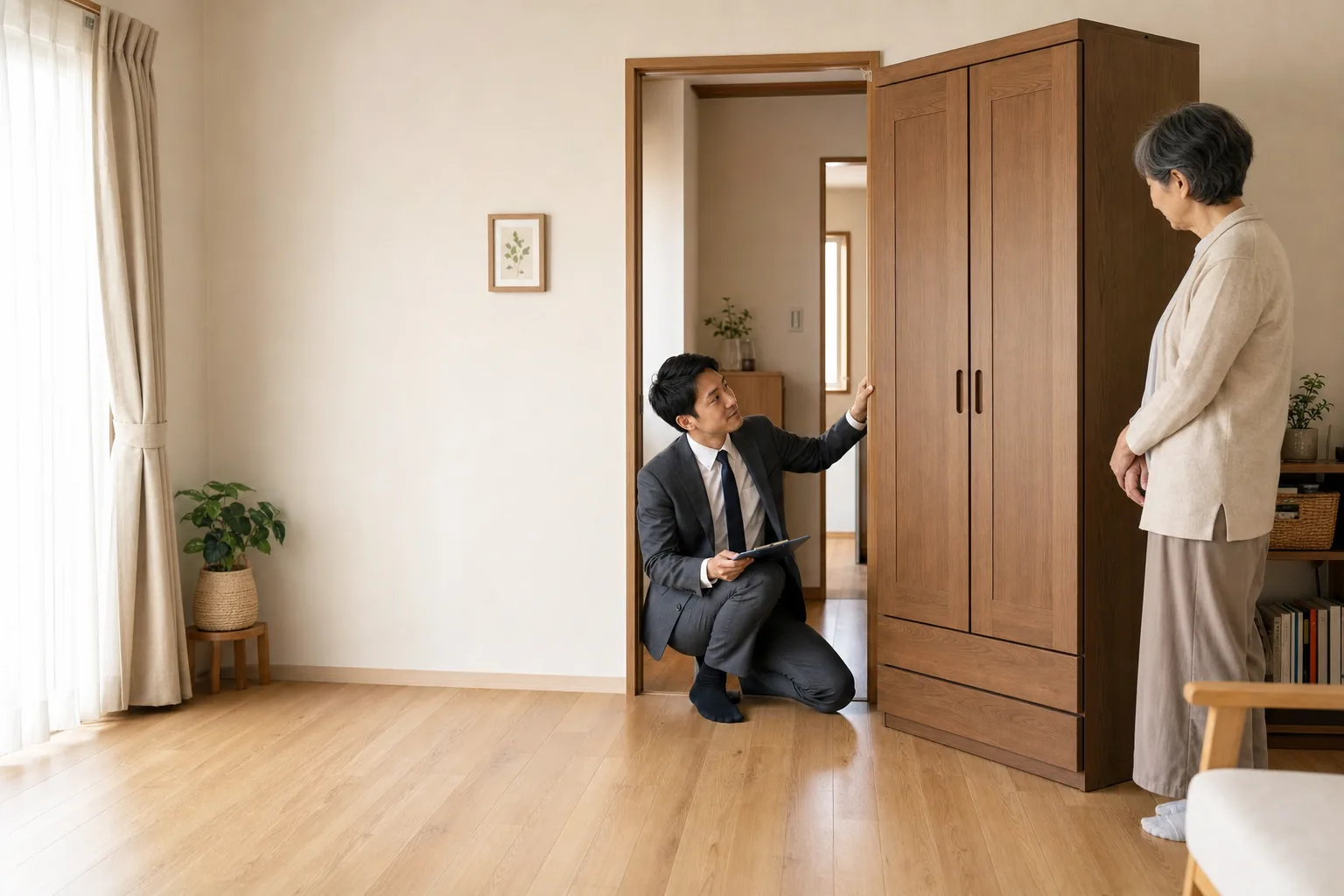 スーツ姿の査定士が大きな洋服ダンスと開いたドアの間に立ち、家具が通るかどうかを見比べている様子。高齢のお客様がタンスの脇で見守っている