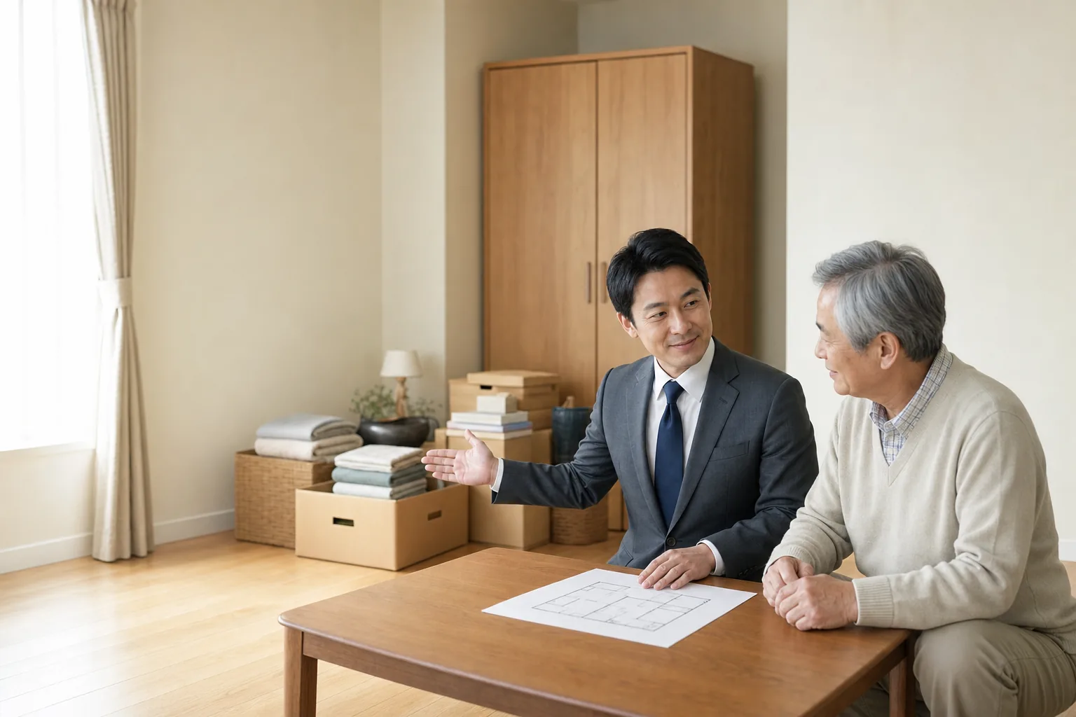 スーツ姿の査定士が、高齢のお客様とマンションの一室で家財を確認しながら片付けの手順を相談している様子