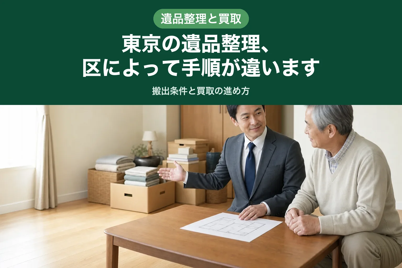 スーツ姿の査定士が、高齢のお客様とマンションの一室で家財を確認しながら片付けの手順を相談している様子