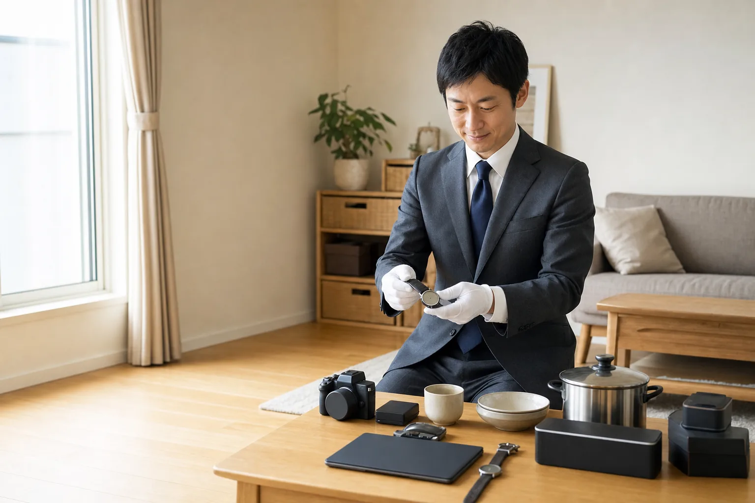 査定士が腕時計に目をやりながら、テーブルに並んだ家財を手早く確認している出張買取の様子