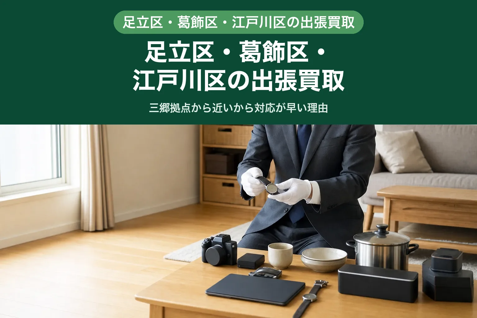 査定士が腕時計に目をやりながら、テーブルに並んだ家財を手早く確認している出張買取の様子