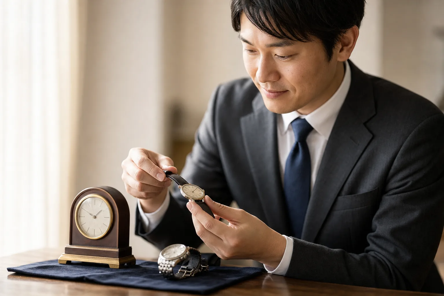 スーツ姿の査定士が、テーブルの上に置かれた複数の腕時計と置時計を一つずつ手に取って確認している自宅訪問査定の様子