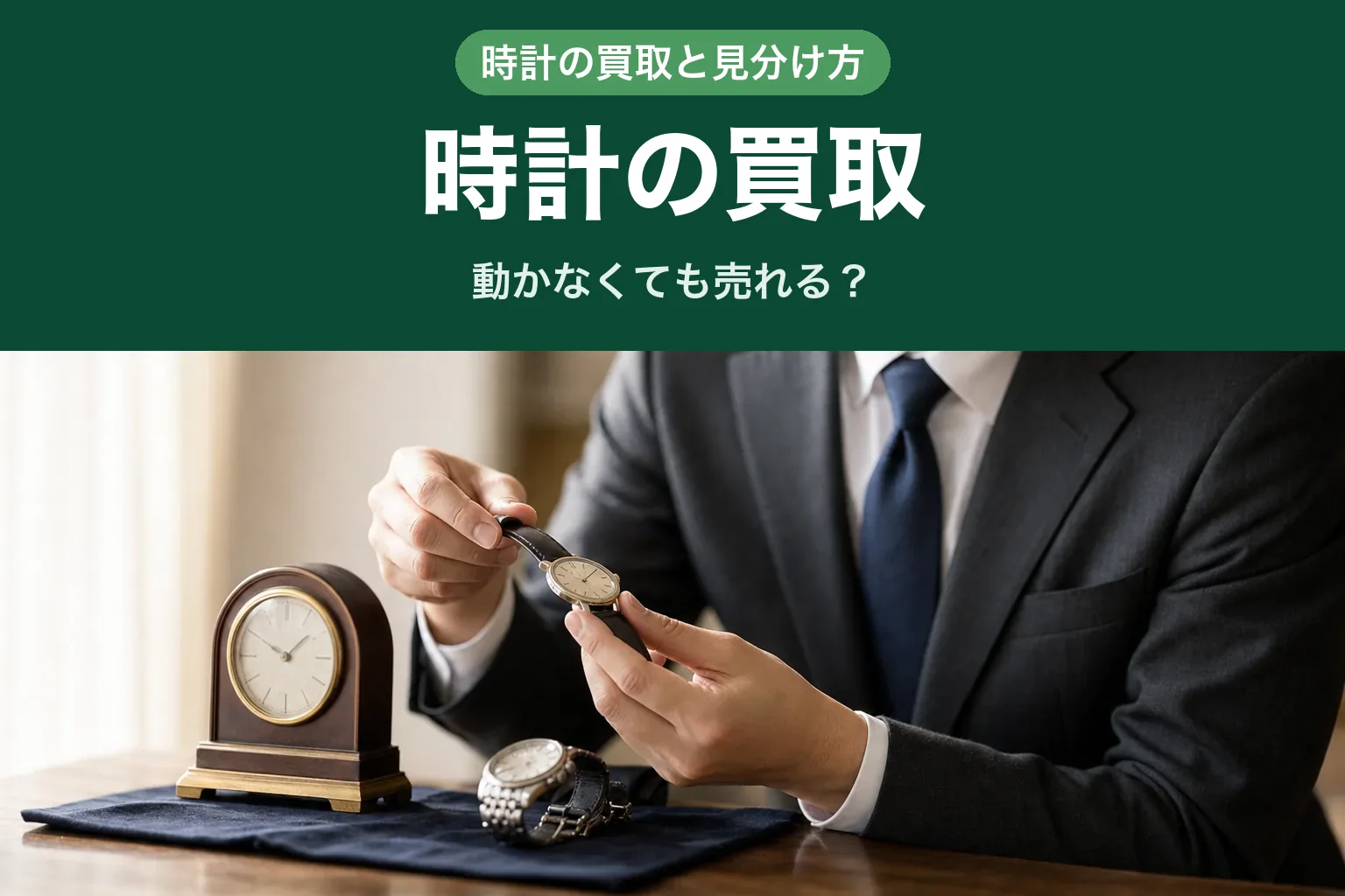 スーツ姿の査定士が、テーブルの上に置かれた複数の腕時計と置時計を一つずつ手に取って確認している自宅訪問査定の様子