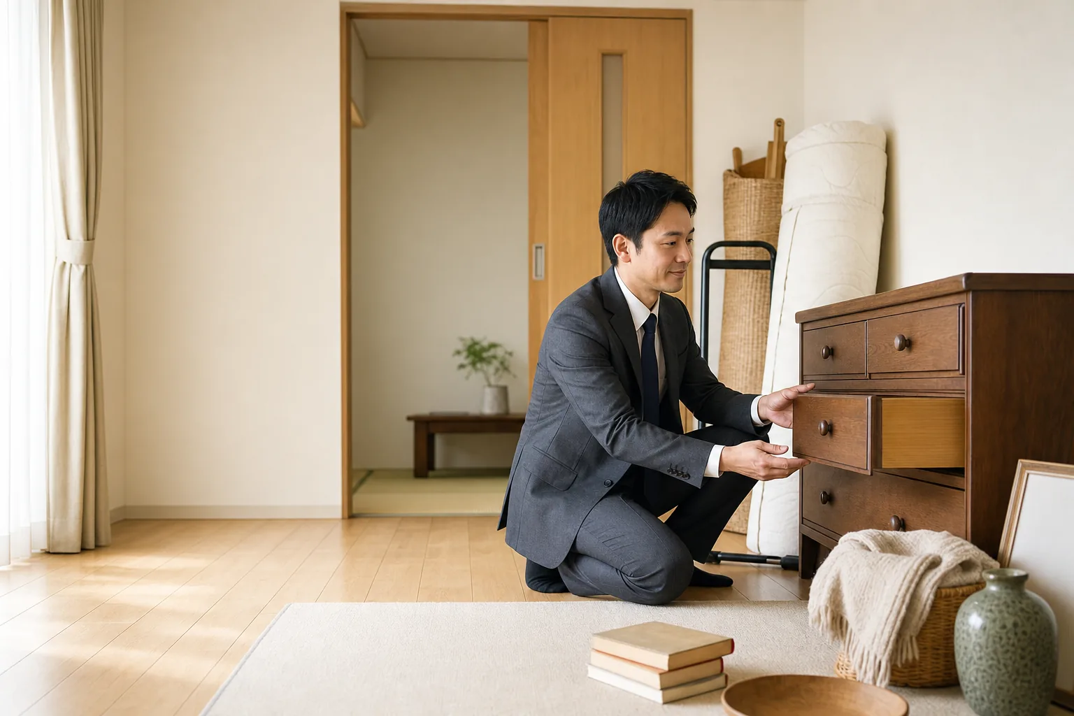 スーツ姿の査定士が、玄関先に出された家具や家電を高齢のお客様と一緒に確認している様子