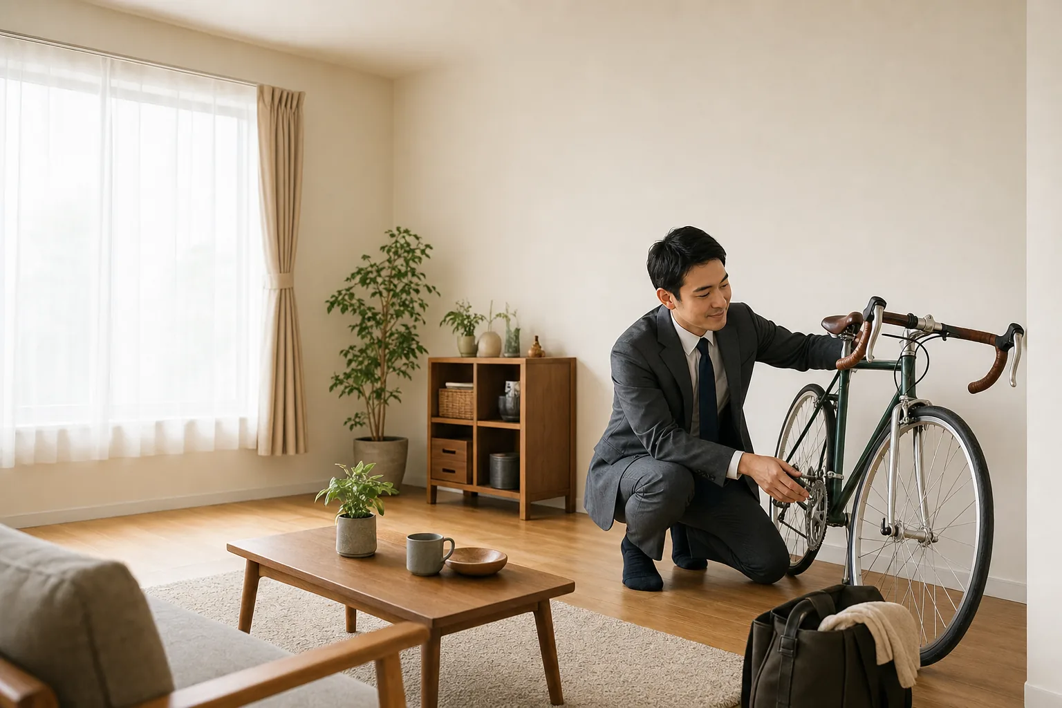 スーツ姿の査定士が、部屋に立てかけられた自転車のサドルとタイヤの状態を屈んで確認している訪問査定の様子