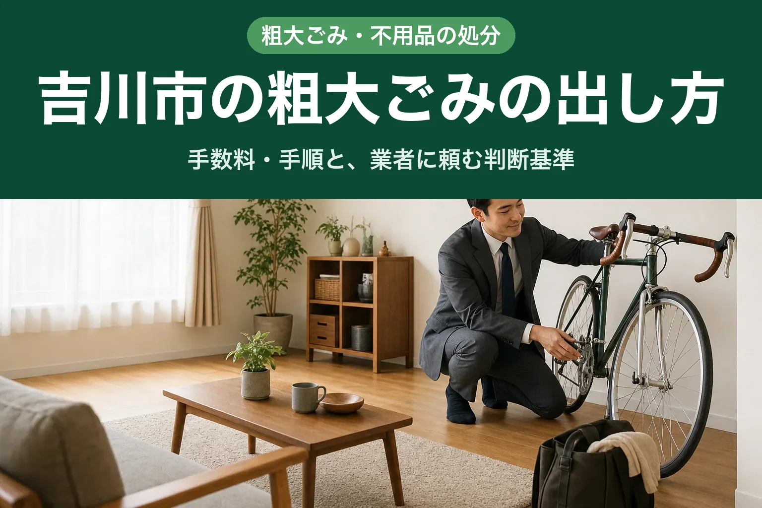スーツ姿の査定士が、部屋に立てかけられた自転車のサドルとタイヤの状態を屈んで確認している訪問査定の様子
